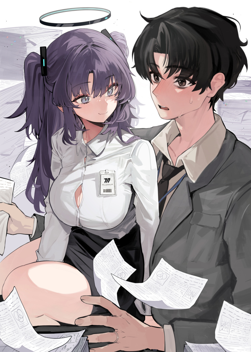1boy 1girl arm_between_legs bags_under_eyes bare_legs black_hair black_jacket black_skirt blue_archive blush breasts cleavage commentary fang floating floating_object halo hetero highres id_card jacket jewelry large_breasts looking_at_another movik paper_stack purple_hair redrawn ring sensei_(blue_archive) sensei_(blue_archive_the_animation) sitting sitting_on_person skin_fang skirt smile sweatdrop two_side_up wedding_ring yuuka_(blue_archive)