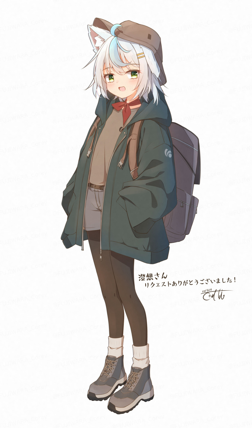 1girl :d absurdres animal_ear_fluff animal_ears black_pantyhose blue_hair blue_jacket blush brown_hat brown_shirt commentary_request coreytaiyo dated full_body green_eyes grey_background grey_footwear grey_hair grey_shorts hair_between_eyes hair_ornament hairclip hands_in_pockets highres hood hood_down hooded_jacket jacket long_sleeves looking_at_viewer multicolored_hair open_clothes open_jacket original pantyhose pantyhose_under_shorts puffy_long_sleeves puffy_sleeves shirt shoes short_shorts shorts signature simple_background smile socks socks_over_pantyhose solo standing streaked_hair tilted_headwear translation_request white_socks