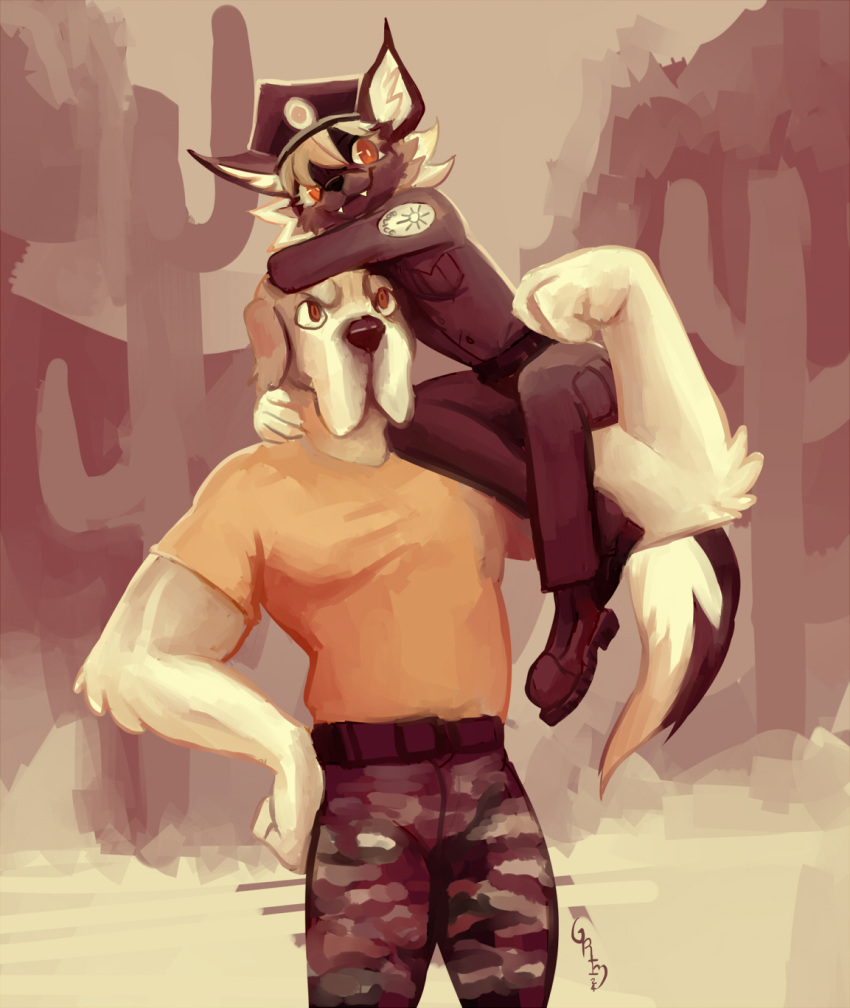 anthro belt biceps black_nose buckteeth cactus canid canine canis cheek_tuft clothing digital_media_(artwork) domestic_dog duo facial_tuft female flexing floppy_ears fur german_shepherd great_dane grimart head_tuft herding_dog hi_res holding_another inner_ear_fluff khaki_pants looking_at_viewer male mammal mastiff molosser moxy_(grimart) muscular muscular_anthro muscular_male neck_hug pastoral_dog plant police police_badge police_hat police_uniform pose red-eyes sepia_background shirt signature size_difference smile standing t-shirt tagme teeth topwear tuft uniform white_body white_fur white_inner_ear_fluff yellow_clothing yellow_shirt yellow_t-shirt yellow_topwear