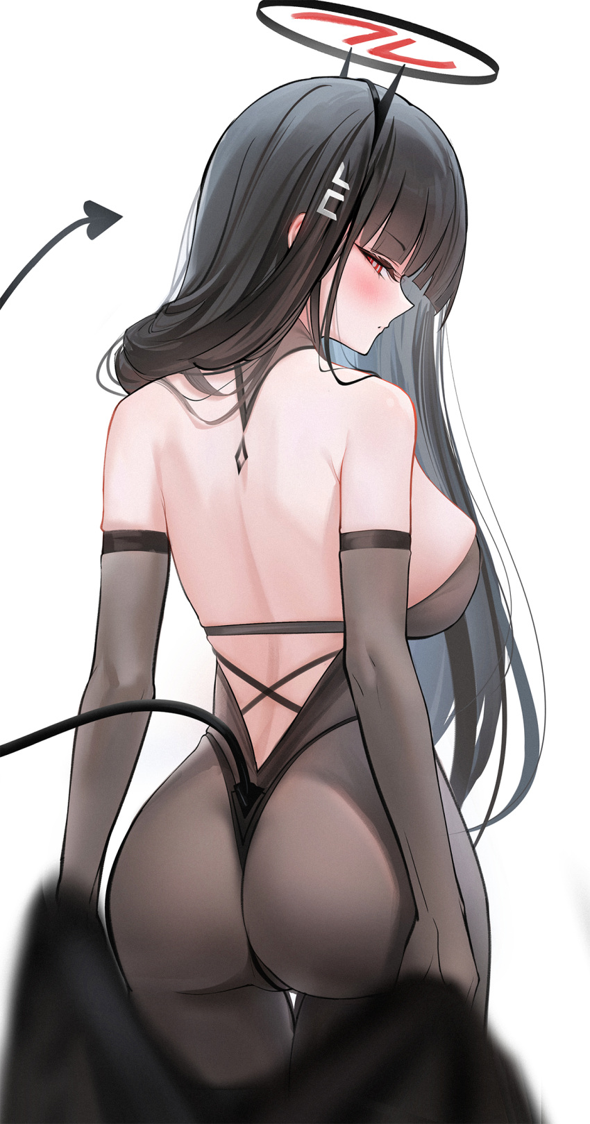 1girl ass back black_gloves black_hair blue_archive blush bodystocking breasts elbow_gloves fake_tail gloves hair_ornament hairclip halo highres large_breasts long_hair looking_at_viewer looking_back malon_(chuan2700) red_eyes rio_(blue_archive) solo tail white_background