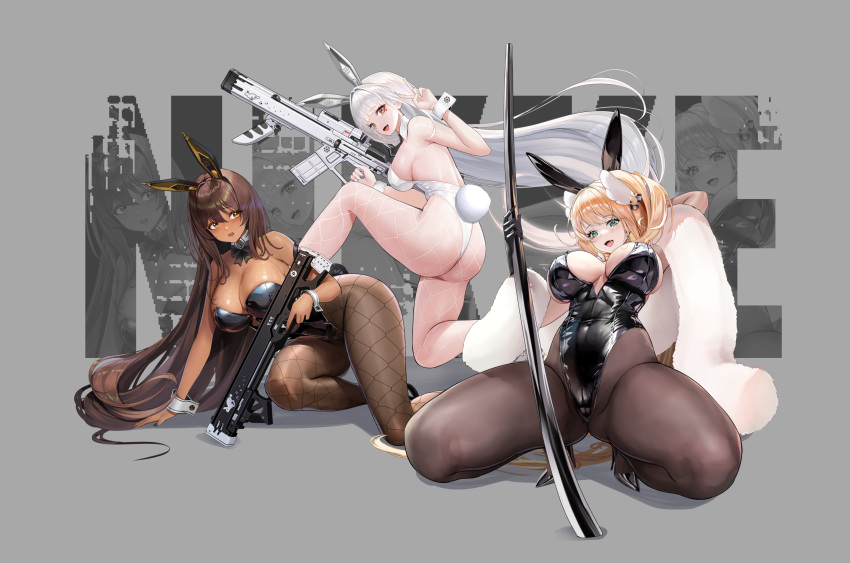 3girls absurdres ass blonde_hair breasts dark-skinned_female dark_skin goddess_of_victory:_nikke grey_hair gun highres holding holding_gun holding_weapon large_breasts long_hair maki_(user_fyjx4337) multiple_girls playboy_bunny rupee_(nikke) weapon