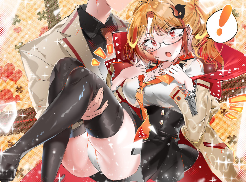 ! 1boy 1girl black_shirt black_skirt black_thighhighs blush breasts brown_coat carrying coat collared_shirt commission fingernails glasses grey_jacket hair_ornament heart high-waist_skirt highres indie_virtual_youtuber jacket large_breasts long_hair mako_fukasame multicolored_hair necktie open_clothes open_coat open_mouth orange_hair orange_nails orange_necktie panties pantyshot princess_carry red_eyes red_hair shark_hair_ornament sharp_fingernails shirt skeb_commission skirt sparkle spoken_exclamation_mark streaked_hair sweat tekona0 thighhighs underwear virtual_youtuber white_panties white_shirt zipper