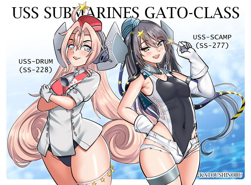 2girls aqua_hat bell black_one-piece_swimsuit black_ribbon blonde_hair breasts candy character_name coat collar competition_swimsuit covered_navel drum_(kancolle) flat_chest food garrison_cap gloves grey_hair hair_ornament hair_ribbon hair_rings hat headgear highleg highleg_swimsuit highres holding holding_candy holding_food kantai_collection katou_shinobu lollipop long_hair metal_collar multiple_girls neck_bell one-piece_swimsuit parted_bangs red_hat ribbon scamp_(kancolle) short_shorts shorts side_ponytail small_breasts star_(symbol) star_hair_ornament swimsuit swimsuit_under_clothes thick_thighs thighs two-tone_one-piece_swimsuit very_long_hair white_coat white_gloves white_one-piece_swimsuit white_shorts yellow_eyes