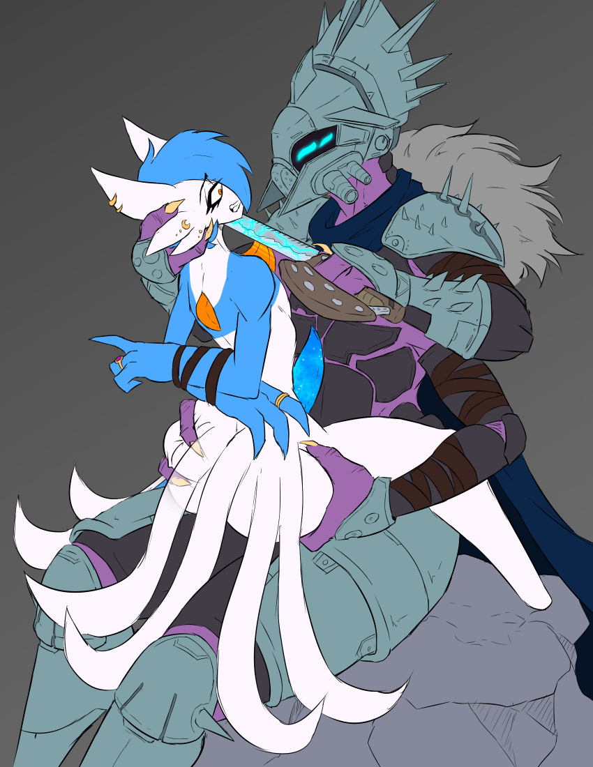 anthro armor arms_tied bound destiny_(video_game) duo eliksni gardevoir generation_3_pokemon genitals hands_behind_back hi_res male male/male nervous nevan_nedall_(colorist) nintendo on_lap penis pokemon pokemon_(species) thelionfish threatening_with_weapon