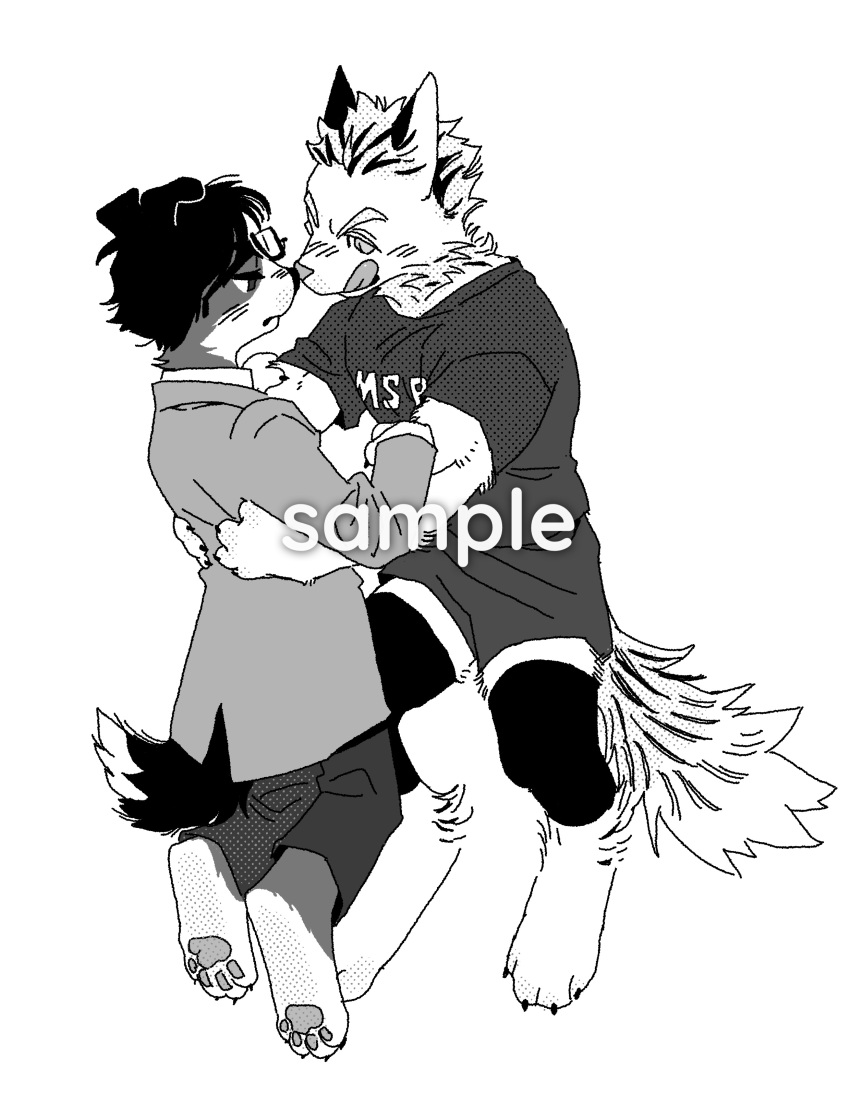 2boys absurdres akaashi_keiji animal_ears arm_grab body_fur bokuto_koutarou chengongzi123 closed_mouth coat collared_coat deformed digitigrade dog_boy dog_ears dog_tail full_body furrification furrowed_brow furry furry_male greyscale haikyuu!! highres knee_pads licking_lips long_sleeves looking_at_another male_focus monochrome multicolored_hair multiple_boys pants sample_watermark short_hair short_sleeves shorts simple_background sportswear streaked_hair tail tongue tongue_out very_short_hair volleyball_uniform watermark white_background wolf_boy wolf_ears wolf_tail