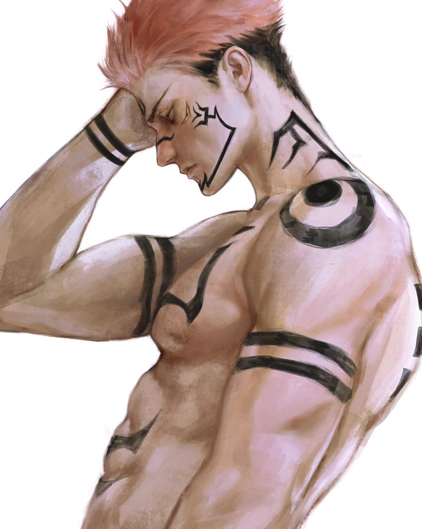 1boy abs body_markings closed_mouth eulbhitomi facial_mark highres jujutsu_kaisen large_pectorals male_focus muscular muscular_male nipples pectorals pink_hair red_eyes ryoumen_sukuna_(jujutsu_kaisen) short_hair simple_background solo upper_body white_background