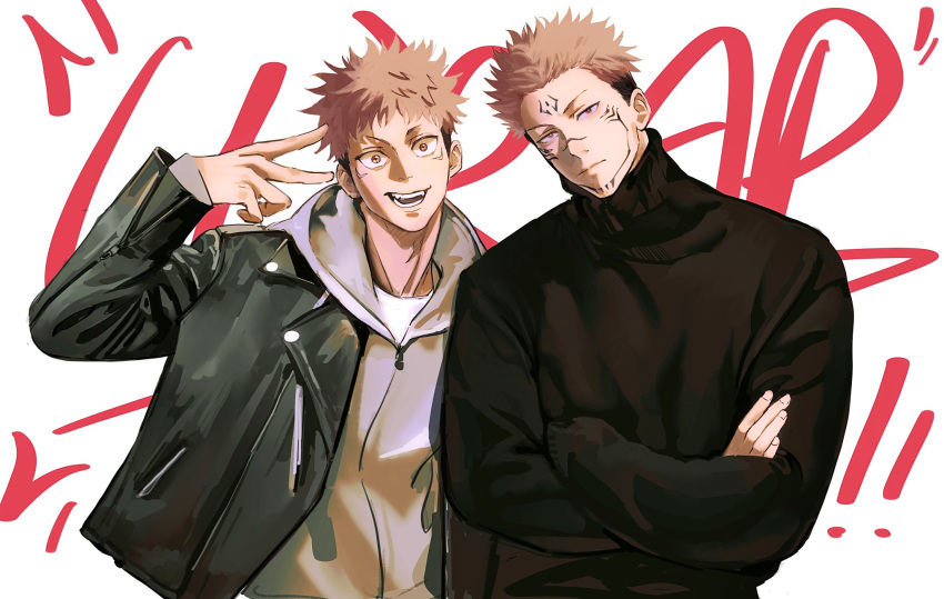 ! !! 2boys black_jacket black_sweater closed_mouth crossed_arms eulbhitomi facial_mark grey_shirt highres itadori_yuuji jacket jujutsu_kaisen looking_at_viewer male_focus multiple_boys open_mouth pink_hair ryoumen_sukuna_(jujutsu_kaisen) shirt short_hair simple_background smile sweater upper_body v white_background