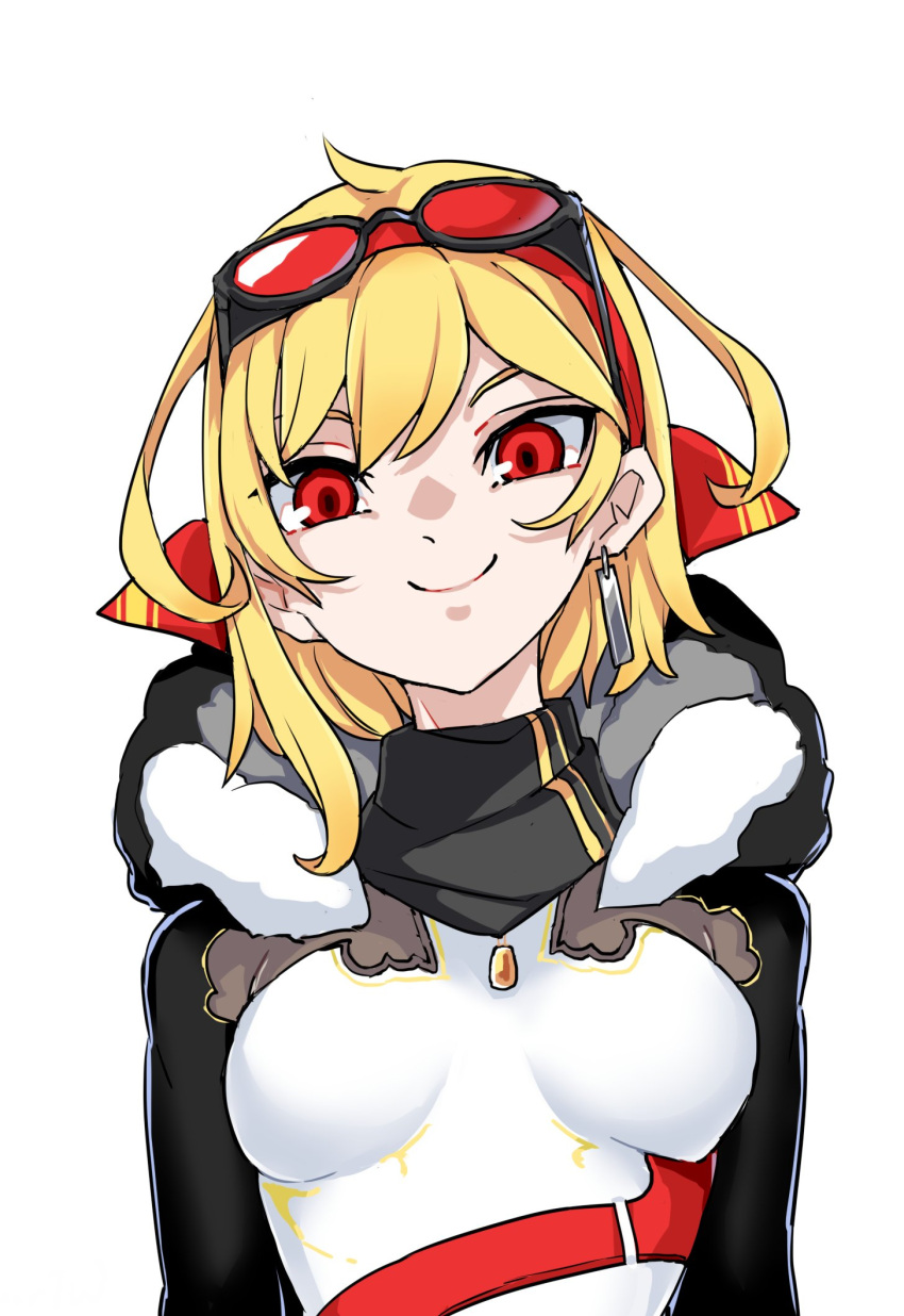 1girl bidortw black_hood black_neckerchief blonde_hair breasts commentary earrings english_commentary eyewear_on_head hairband highres hololive hololive_indonesia hood hood_down jewelry kaela_kovalskia kaela_kovalskia_(1st_costume) medium_breasts neckerchief red_eyes red_hairband safety_glasses single_earring solo upper_body virtual_youtuber