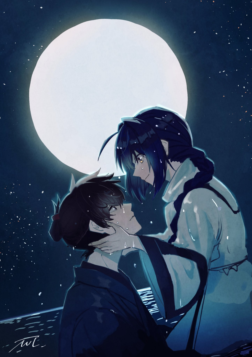 1boy 1other androgynous backlighting black_hair blue_kimono braid braided_ponytail dark fate/samurai_remnant fate_(series) full_moon hair_intakes hands_on_another's_face highres horizon japanese_clothes kimono miyamoto_iori_(fate) mmmpsychedelic138 moon night night_sky partially_submerged profile signature sketch sky star_(sky) starry_sky topknot water wet wet_clothes wet_hair yamato_takeru_(fate) yellow_eyes