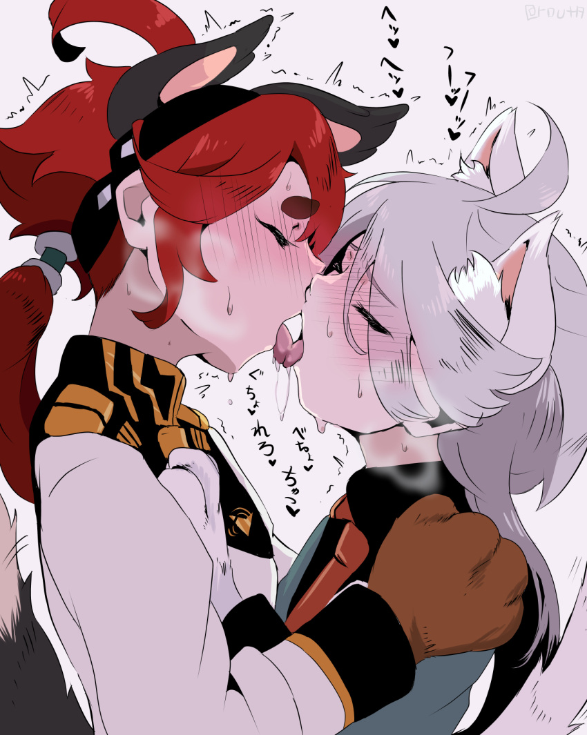 2girls animal_ears animal_hands aroused asticassia_school_uniform black_hairband blush breath cat_ears cat_paws closed_eyes couple dog_paws extra_ears eyes_visible_through_hair french_kiss from_side grey_hair gundam gundam_suisei_no_majo hairband hand_on_another's_shoulder highres kiss licking long_sleeves low_ponytail miorine_rembran multiple_girls profile red_hair saliva school_uniform suletta_mercury sweat sweatdrop tail tongue tongue_out trembling upper_body white_background you_ing yuri