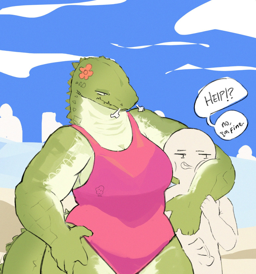 2024 5_fingers anthro artist_logo big_breasts biped blue_sky breasts cel_shading clothed clothing countershade_scales countershading crocodilian day detailed_background dialogue duo english_text female female_anthro fingers flower_on_head green_body green_scales hi_res hoc2pus human human_on_anthro humanoid_hands interspecies larger_anthro larger_female logo male male/female male_human mammal non-mammal_breasts one-piece_swimsuit outside pink_clothing pink_one-piece_swimsuit pink_swimwear reptile scales scalie shaded size_difference sky smaller_human smaller_male speech_bubble swimwear tail text thick_tail