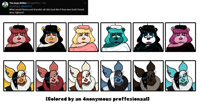 2024 absurd_res alternate_color alternate_species anthro bat bear beret black_hair blarf022 blonde_hair blue_body blue_fur brown_body brown_fur brown_hair clothing duo female fur giant_panda hair hat headgear headwear hi_res honduran_white_bat leaf-nosed_bat mammal microbat pink_body pink_fur pink_hair sherry_bear_(blarf022) tan_body tan_fur teal_body teal_fur teal_hair vampire_bat vranda_von_bat_(blarf022) white_body white_fur white_hair yangochiropteran