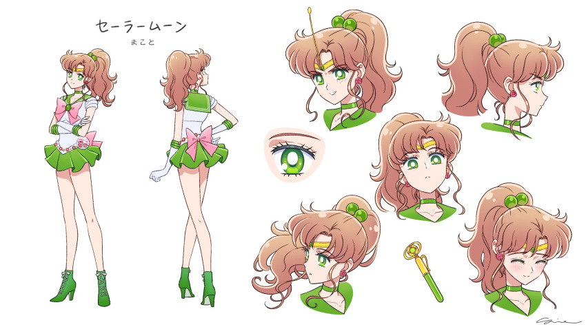 1girl ^_^ back_bow bishoujo_senshi_sailor_moon boots bow bowtie brown_hair circlet closed_eyes commentary crystal_change_rod earrings elbow_gloves english_commentary floating_hair full_body gloves green_eyes green_footwear green_sailor_collar green_skirt hair_bobbles hair_ornament hand_on_own_hip high_heel_boots high_heels high_ponytail highres jewelry kino_makoto looking_at_viewer looking_to_the_side multiple_views open_eyes pink_bow pink_bowtie ponytail profile reference_sheet sailor_collar sailor_jupiter sailor_senshi sailor_senshi_uniform sidney_deng signature simple_background skirt standing upper_body wand white_background white_gloves