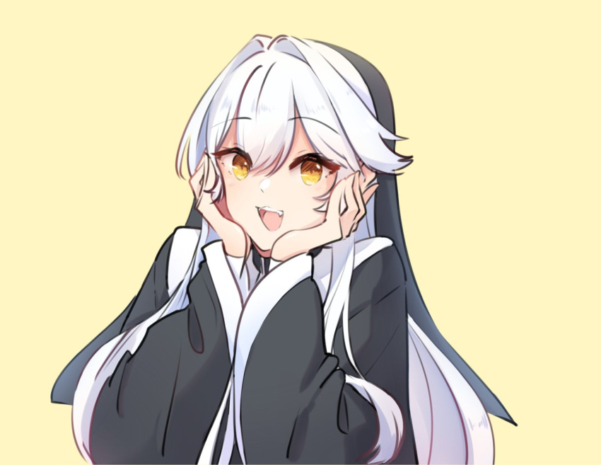 1girl black_robe commentary english_commentary habit hair_intakes long_hair nun open_mouth original robe saint_udon smile solo udon-udon upper_body white_hair yellow_background yellow_eyes
