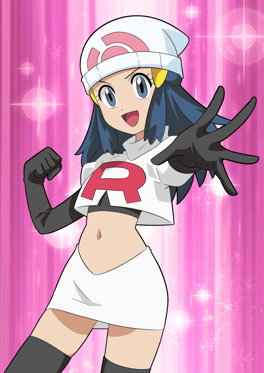 1girl :d absurdres beanie black_footwear black_gloves black_hair black_shirt boots clenched_hand commentary_request cosplay cropped_jacket dawn dawn_(pokemon) elbow_gloves eyelashes gloves grey_eyes hainchu hat highres jacket jessie_(pokemon) jessie_(pokemon)_(cosplay) logo long_hair looking_at_viewer open_mouth outstretched_arm pink_background pokemon pokemon_(anime) pokemon_journeys shirt sidelocks skirt smile solo spread_fingers team_rocket thigh_boots white_hat white_jacket white_skirt