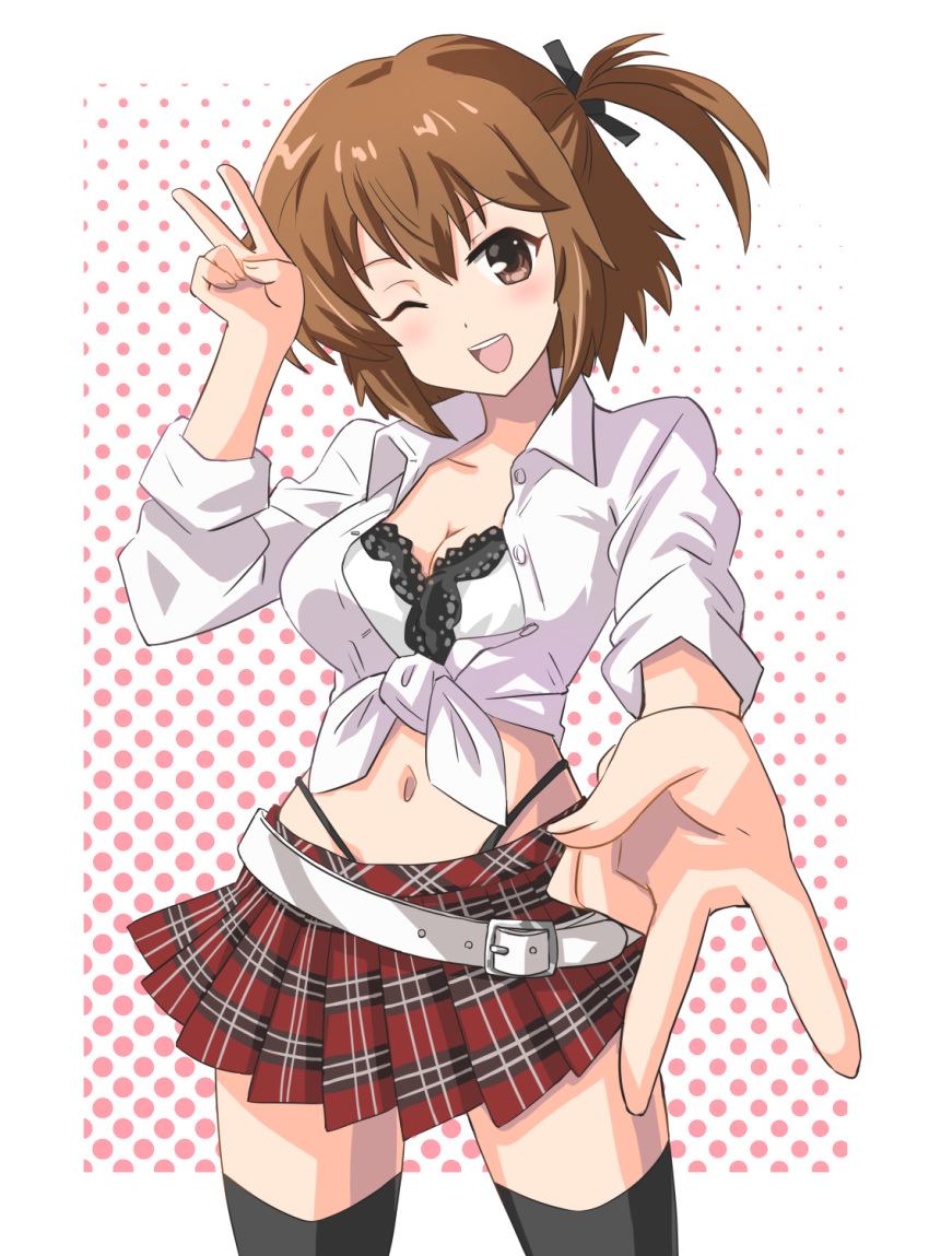 1girl alternate_costume ben-day_dots black_thighhighs bra breasts brown_eyes brown_hair cleavage collared_shirt dress_shirt etou_kanami frilled_bra frills gyaru gyaru_v highres kogal medium_breasts midriff one_eye_closed one_side_up plaid plaid_skirt pleated_skirt red_skirt school_uniform screentones shirt short_hair skirt solo thighhighs tied_shirt toji_no_miko tweela underwear v white_bra white_shirt