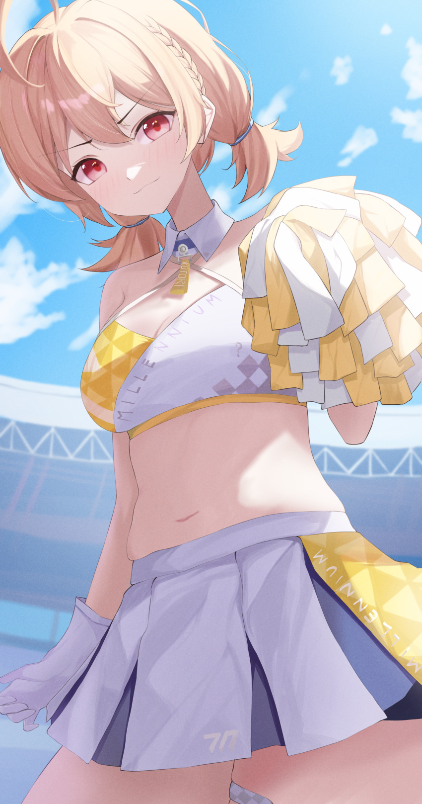 1girl absurdres ahoge blonde_hair blue_archive blush breasts closed_mouth cowboy_shot detached_collar hair_between_eyes halterneck highres holding holding_pom_poms kotori_(blue_archive) kotori_(cheer_squad)_(blue_archive) large_breasts long_hair looking_at_viewer millennium_cheerleader_outfit_(blue_archive) navel nvem8738 official_alternate_costume pleated_skirt pom_pom_(cheerleading) red_eyes short_twintails skirt solo twintails white_skirt
