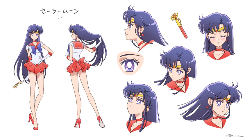 back_bow bishoujo_senshi_sailor_moon black_hair bow choker circlet crystal_change_rod earrings elbow_gloves gloves high_heels highres hino_rei jewelry long_hair magical_girl ofuda purple_eyes red_footwear red_sailor_collar red_skirt sailor_collar sailor_mars sailor_senshi_uniform sidney_deng skirt white_gloves