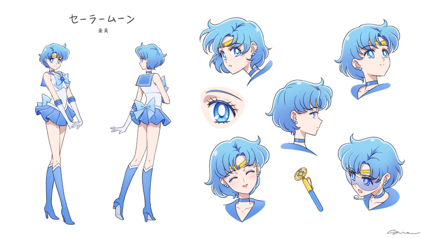 back_bow bishoujo_senshi_sailor_moon blue_choker blue_eyes blue_hair blue_sailor_collar blue_skirt bow choker earrings elbow_gloves gloves highres jewelry magical_girl mizuno_ami sailor_collar sailor_mercury sailor_senshi_uniform short_hair sidney_deng skirt white_gloves