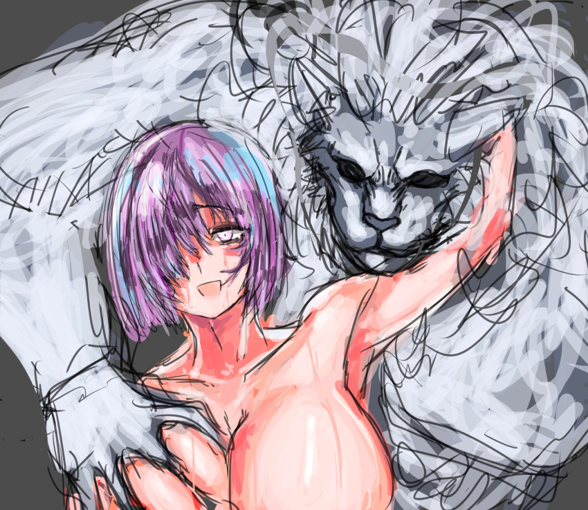 1girl animal_head arm_up boggart_(fate) breasts fate/grand_order fate_(series) furry furry_male furry_with_non-furry grabbing grabbing_another's_breast highres interspecies large_breasts lion_boy lion_mane maabo_harusame mash_kyrielight nude open_mouth purple_hair short_hair smile sweat sweatdrop white_fur