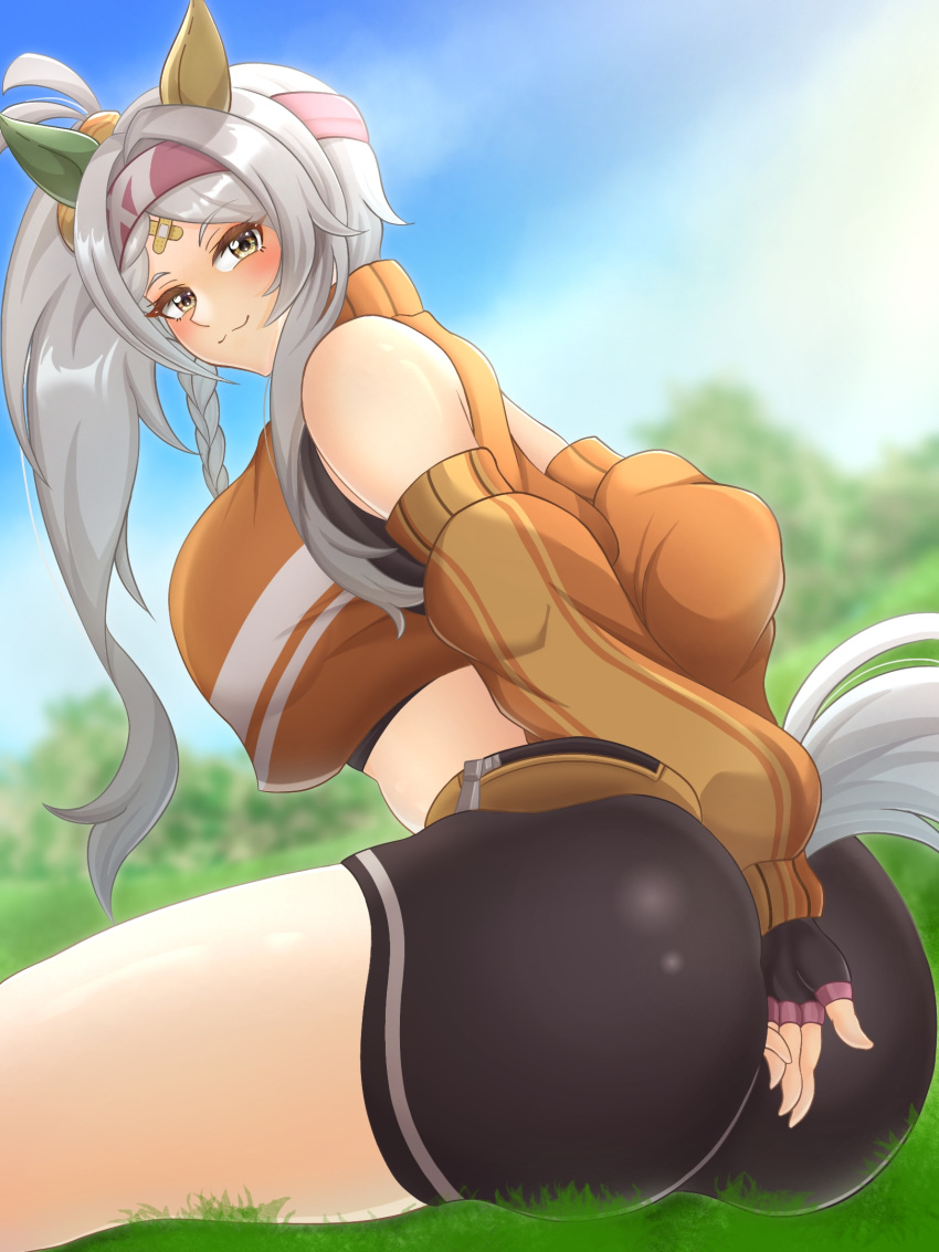 1girl :3 animal_ears ass asymmetrical_clothes bandaid bandaid_on_face bandaid_on_forehead black_gloves blue_sky blurry blurry_background blush braided_sidelock breasts closed_mouth commentary_request crop_top crossed_bandaids detached_sleeves ear_covers from_behind gloves grass grey_hair headband highres horse_ears horse_girl horse_tail kii_960 long_hair long_sleeves midriff navel on_grass orange_shirt pink_headband shirt shirt_under_shirt side_ponytail single_pantsleg sitting sky smile solo sonon_elfie_(umamusume) split standing tail umamusume yellow_eyes