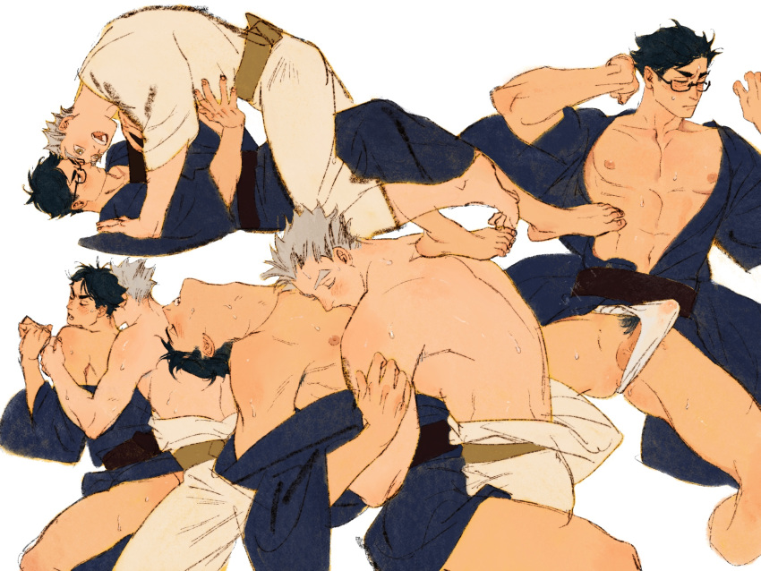 2boys akaashi_keiji biting black_eyes black_hair blue_kimono bokuto_koutarou brown_eyes bulge chengongzi123 closed_mouth cropped_legs erection erection_under_clothes full_body fundoshi glasses grey_hair haikyuu!! head_back highres japanese_clothes kimono long_sleeves lying male_focus multiple_boys multiple_views nipples on_back open_mouth pinned pubic_hair sex short_hair simple_background sweat thick_eyebrows toned toned_male very_short_hair white_background wide_sleeves yaoi yukata
