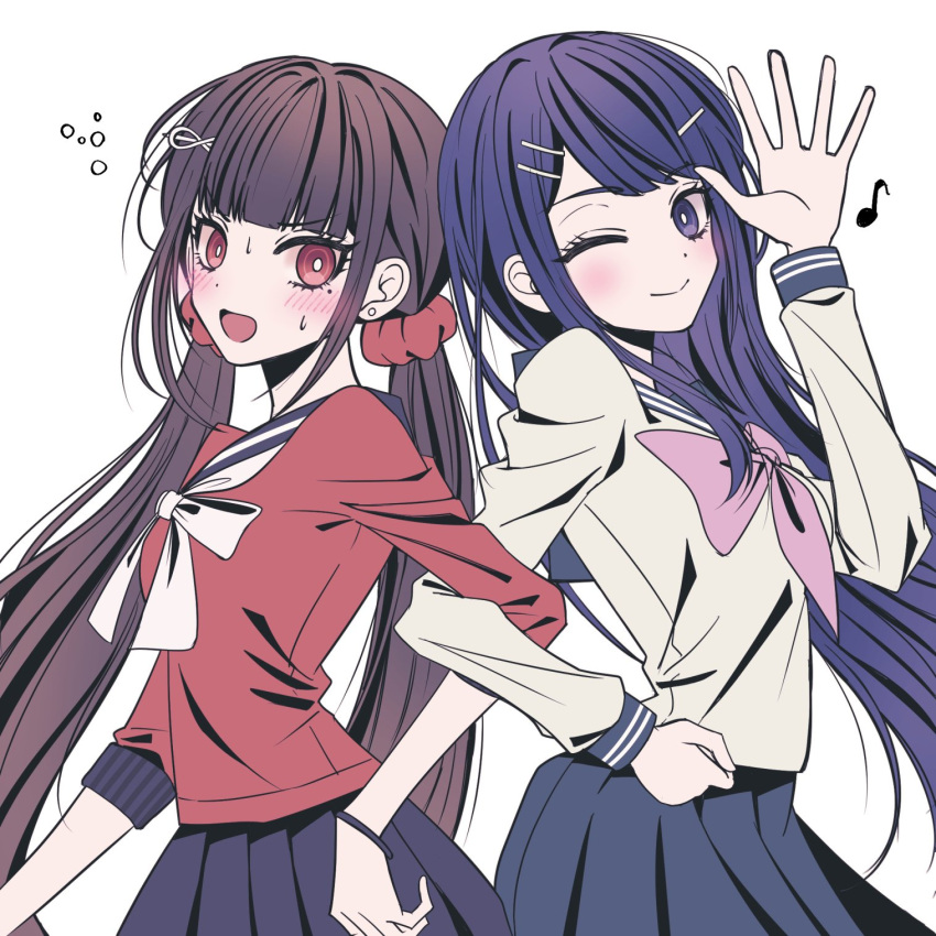 2girls blue_eyes blue_hair blue_sailor_collar blunt_bangs blush bow bowtie brown_hair d: danganronpa:_trigger_happy_havoc danganronpa_(series) danganronpa_v3:_killing_harmony from_side grey_shirt hair_ornament hair_scrunchie hairclip hand_up harukawa_maki highres long_hair long_sleeves looking_at_viewer low_twintails maizono_sayaka mole mole_under_eye multiple_girls musical_note pink_bow pleated_skirt red_eyes red_scrunchie red_shirt sailor_collar satori_(aosky9077) school_uniform scrunchie shirt skirt smile standing sweat twintails