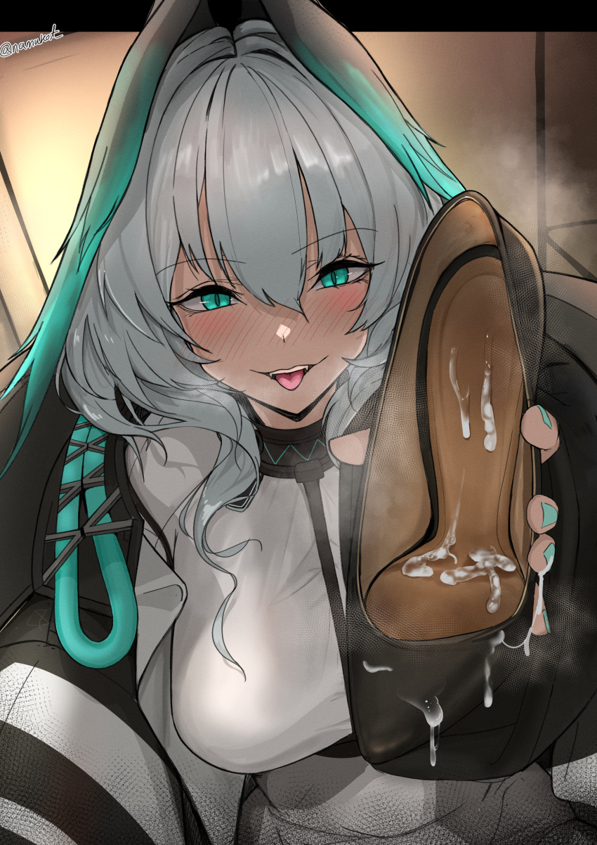 1girl absurdres aqua_hair arknights black_footwear black_jacket blush breasts commission cum cum_on_clothes dress eyelashes grey_dress grey_hair grey_jacket hand_up highres ho'olheyak_(arknights) holding holding_shoes impossible_clothes jacket large_breasts long_hair long_sleeves looking_at_viewer namukot open_clothes open_jacket pixiv_commission shoes sidelocks smell solo tongue tongue_out wide_sleeves