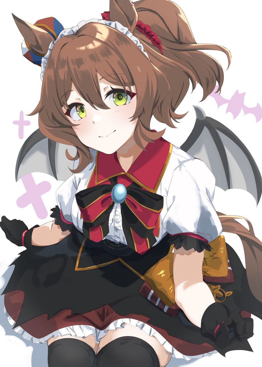 1girl absurdres animal_ears aston_machan_(umamusume) black_bow black_bowtie black_gloves black_skirt black_thighhighs bow bowtie brown_hair commission cosplay crown fake_wings gloves green_eyes hair_between_eyes hair_ornament hair_over_one_eye hair_scrunchie halloween highres horse_ears horse_girl long_hair looking_at_viewer maid_headdress mini_crown puffy_short_sleeves puffy_sleeves red_scrunchie rice_shower_(make_up_vampire!)_(umamusume) rice_shower_(umamusume) rice_shower_(umamusume)_(cosplay) scrunchie shikaya shirt short_sleeves side_ponytail skeb_commission skirt smile solo thighhighs tilted_headwear umamusume white_shirt wings