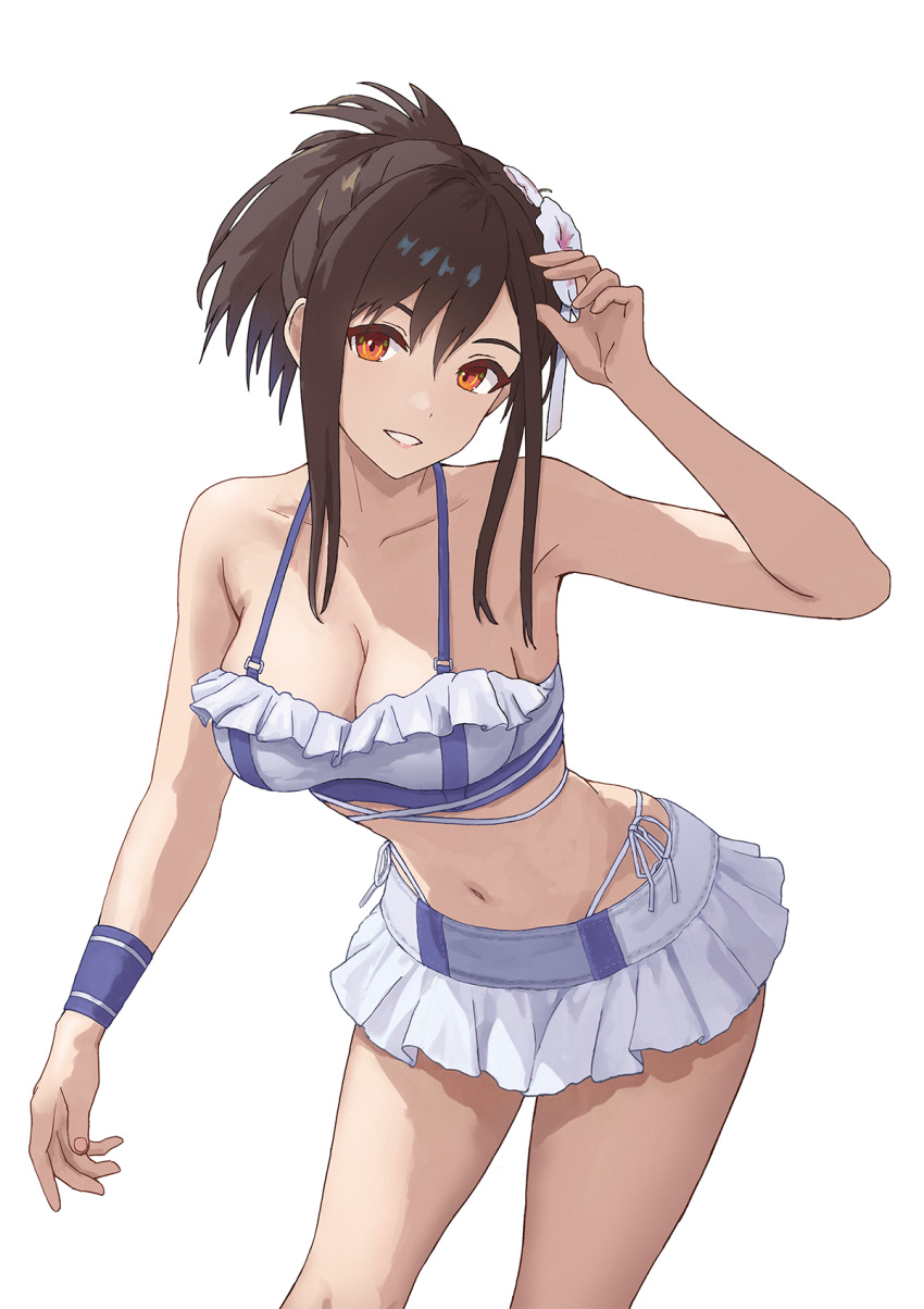 1girl adjusting_hair bikini bikini_skirt black_hair breasts cleavage english_commentary final_fantasy final_fantasy_vii final_fantasy_vii_rebirth final_fantasy_vii_remake flower frilled_bikini frilled_bikini_top frills hair_flower hair_ornament hair_up halterneck herfstijl highres large_breasts leaning_forward long_hair looking_at_viewer microskirt navel official_alternate_costume official_alternate_hairstyle parted_lips red_eyes sidelocks skirt smile solo swimsuit tifa_lockhart_(shining_spirit) white_background white_bikini