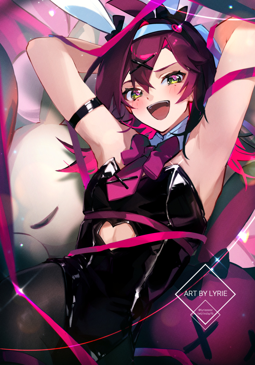1boy animal_ears armband armpits arms_behind_head arms_up artist_name blush bow bowtie detached_collar fake_animal_ears from_above genshin_impact green_eyes hair_between_eyes hairband highres leotard long_hair looking_at_viewer lying lyrie_luna male_focus necktie on_back pantyhose playboy_bunny rabbit_ears rabbit_hole_(vocaloid) red_hair shikanoin_heizou smile solo strapless strapless_leotard stuffed_animal stuffed_toy twisted_torso vocaloid