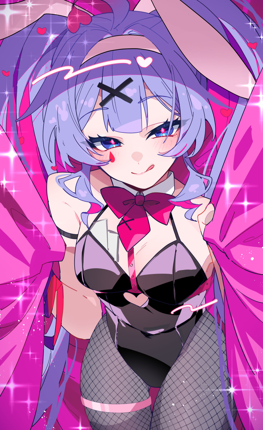 1girl absurdres ahoge animal_ears bare_shoulders behind_curtains black_leotard blue_hair blush bow bowtie breasts card clothing_cutout cowboy_shot cutout_above_navel detached_collar eyelashes fake_animal_ears fishnet_pantyhose fishnets hair_ornament hatsune_miku heart heart_ahoge heart_cutout highres leotard long_hair looking_at_viewer medium_breasts multicolored_hair necktie nekoma_hikaru pantyhose pink_background pink_bow pink_bowtie pink_curtains pink_hair pink_necktie pink_pupils playing_card rabbit_ears rabbit_hole_(vocaloid) solo spaghetti_strap sparkle streaked_hair teardrop_facial_mark tongue tongue_out twintails two-tone_hair very_long_hair vocaloid x_hair_ornament