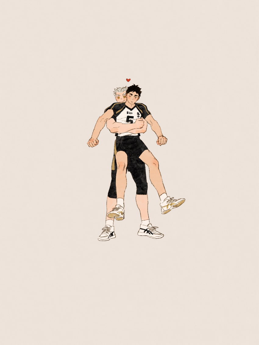 2boys akaashi_keiji black_hair black_shorts bokuto_koutarou brown_background chengongzi123 chinese_commentary closed_mouth commentary_request grey_hair haikyuu!! hands_up heart highres hug hug_from_behind lifting_person looking_at_viewer male_focus multiple_boys shoes short_hair short_sleeves shorts simple_background smile sneakers sportswear very_short_hair volleyball_uniform white_footwear wide_shot yaoi yellow_eyes