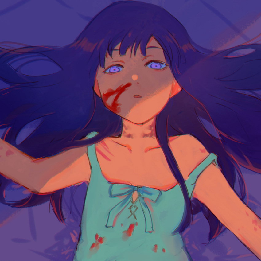 1girl bed_sheet blood blood_on_clothes blood_on_face blue_dress blue_hair bruise_on_neck collarbone dress furude_rika highres higurashi_no_naku_koro_ni long_hair looking_at_viewer lying off_shoulder on_back parted_lips purple_eyes solo tedty33