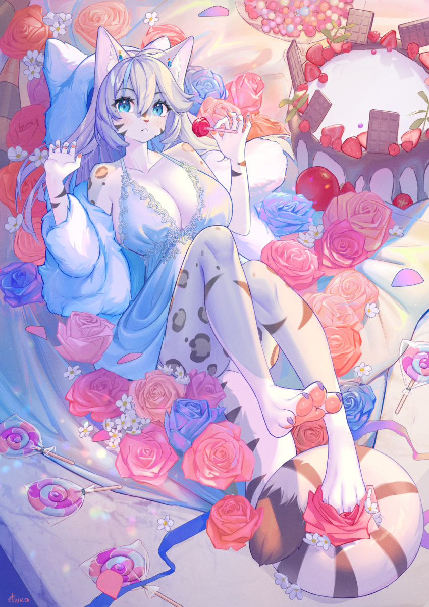 1girl animal_ears animal_print barefoot blue_dress blue_eyes breasts cake candy cat_ears chocolate dress etivka feet flower food fruit fur_trim furry grey_hair highres holding holding_candy holding_food holding_lollipop jewelry large_breasts leopard_print lollipop long_hair original rose solo strawberry tail tiger_tail toes white_fur