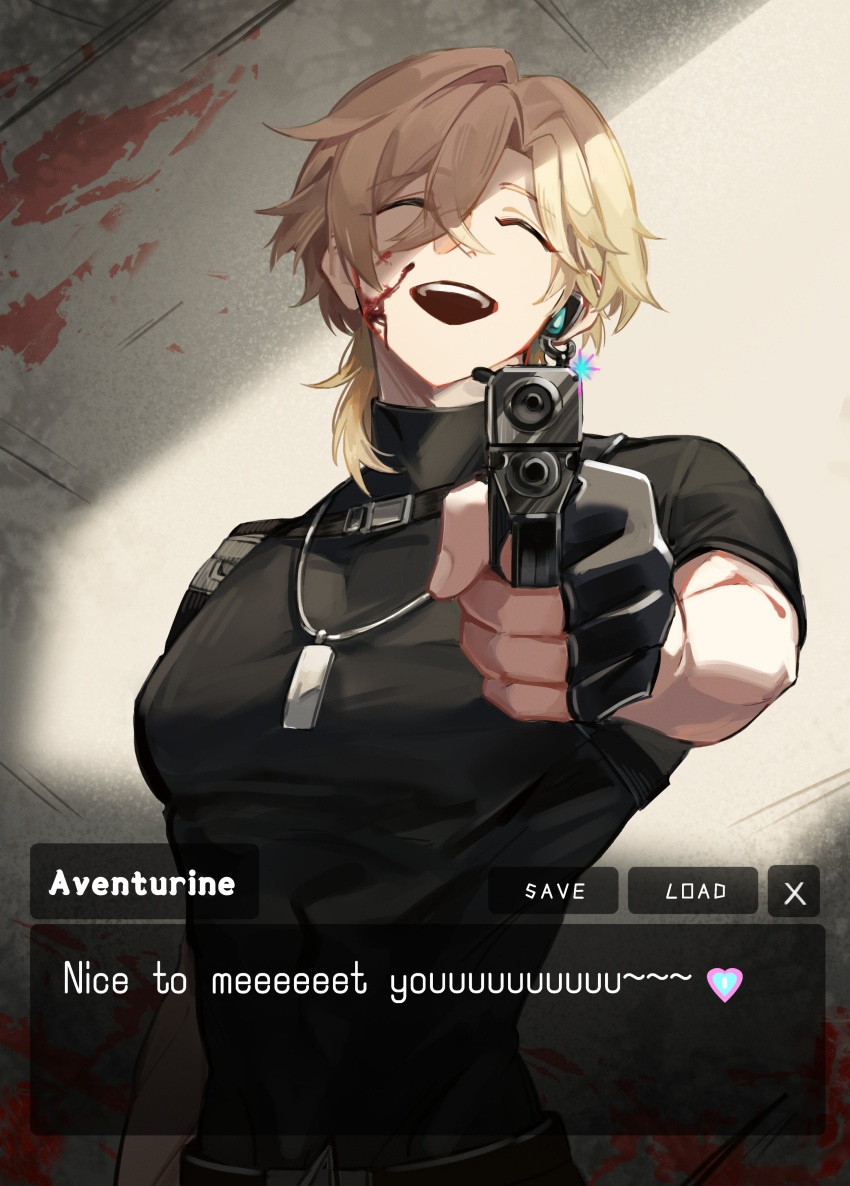 1boy 625light :d ^_^ absurdres aiming aiming_at_viewer aventurine_(honkai:_star_rail) black_gloves black_shirt blonde_hair blood blood_on_face blood_splatter character_name chest_harness closed_eyes commentary crossed_bangs dog_tags earpiece english_commentary english_text fingerless_gloves gloves gun hair_between_eyes hair_intakes handgun harness heart highres holding holding_gun holding_weapon honkai:_star_rail honkai_(series) jewelry male_focus necklace official_alternate_costume open_mouth outstretched_arm outstretched_hand parted_bangs pectorals shirt short_hair short_sleeves smile solo teeth turtleneck upper_body upper_teeth_only visual_novel weapon