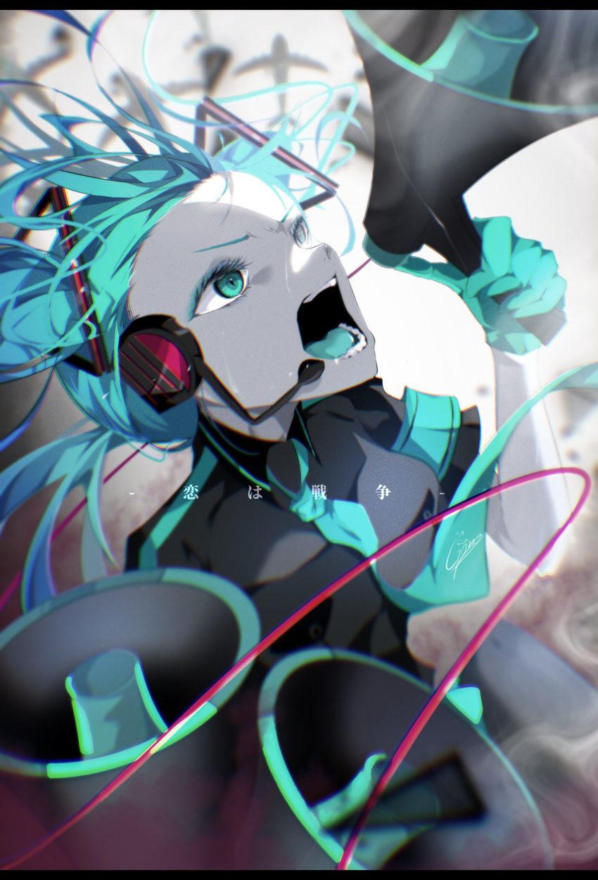 1girl absurdres aircraft airplane aqua_eyes aqua_hair aqua_necktie black_shirt blue_tongue colored_tongue goma_irasuto hatsune_miku highres holding holding_megaphone koi_wa_sensou_(vocaloid) long_hair long_sleeves megaphone miniskirt necktie shirt shouting skirt solo t-shirt twintails very_long_hair vocaloid