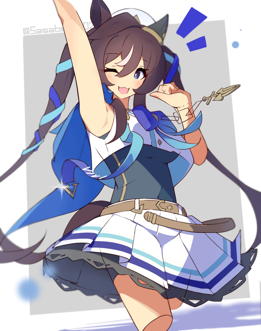 1girl :3 anchor_necklace animal_ears arm_up armpits belt blue_bow blue_bowtie blue_capelet blue_ribbon bow bowtie brown_belt brown_hair capelet commentary_request covered_navel ear_covers hair_between_eyes hair_ribbon highres horse_ears horse_girl jewelry long_hair looking_at_viewer loose_socks multicolored_hair necklace notice_lines purple_eyes ribbon sailor_collar sailor_shirt shirt sidelocks simple_background single_ear_cover skirt sleeveless sleeveless_shirt socks solo streaked_hair tetenka twintails umamusume vivlos_(umamusume) white_background white_hair white_shirt white_skirt white_socks