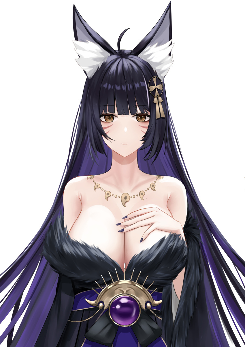 1girl absurdres animal_ear_fluff animal_ears azur_lane bare_shoulders black_hair black_kimono black_nails breasts cleavage colored_inner_hair facial_mark fox_ears fox_girl fur-trimmed_kimono fur_trim gem highres huge_breasts japanese_clothes jewelry kimono kitsune kyuubi long_hair looking_at_viewer low_neckline magatama magatama_necklace multicolored_hair multiple_tails musashi_(azur_lane) necklace purple_gemstone qing-yu solo tail upper_body very_long_hair whisker_markings yellow_eyes