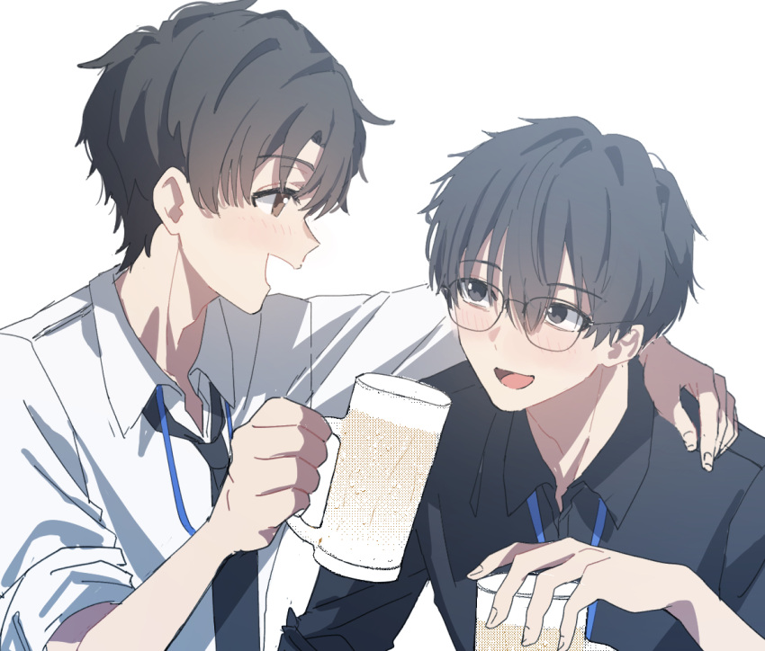 2boys alcohol beer beer_mug black_eyes black_hair black_necktie black_shirt blue_archive blue_archive_the_animation blush collared_shirt cup glasses holding holding_cup male_focus mug multiple_boys necktie open_mouth problem_solver_sensei_(blue_archive) sensei_(blue_archive) sensei_(blue_archive_the_animation) shirt short_hair short_sleeves simple_background smile sumutemu white_background white_shirt
