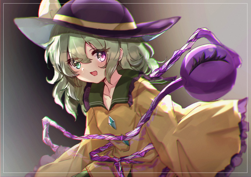 absurdres black_hat blush bow buttons commentary_request diamond_button eyeball frilled_shirt_collar frilled_sleeves frills green_eyes green_hair hat hat_bow heterochromia highres komeiji_koishi kutabiretainu long_hair long_sleeves looking_at_viewer open_mouth pink_eyes shirt smile third_eye touhou wide_sleeves yellow_bow yellow_shirt