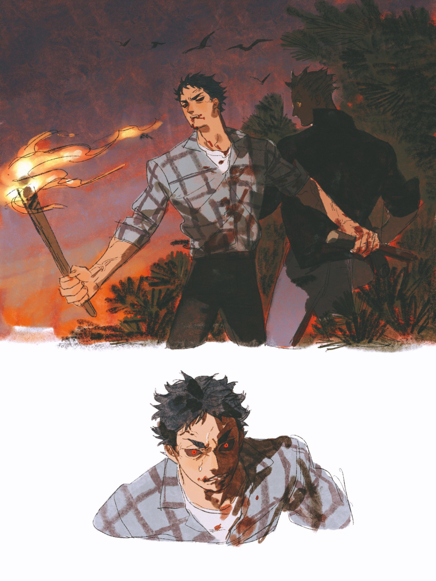 2boys akaashi_keiji back-to-back black_hair black_sclera blood blood_on_clothes blood_on_face blood_on_hands bokuto_koutarou chengongzi123 colored_sclera cropped_legs fire haikyuu!! hands_up highres holding holding_torch looking_at_viewer male_focus multiple_boys multiple_views outdoors red_eyes shiki_(novel) short_hair simple_bird stake standing torch very_short_hair yellow_eyes