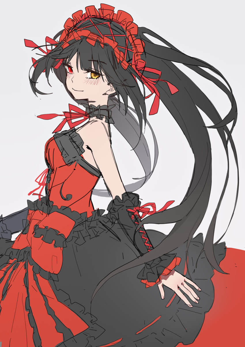 1girl absurdres bare_shoulders black_hair breasts cleavage date_a_live date_a_live:_date_a_bullet detached_sleeves dress gothic_lolita hairband heterochromia highres lolita_fashion lolita_hairband long_hair looking_at_viewer medium_breasts red_eyes ribbon sao7 smile solo tokisaki_kurumi twintails uneven_twintails white_background yellow_eyes