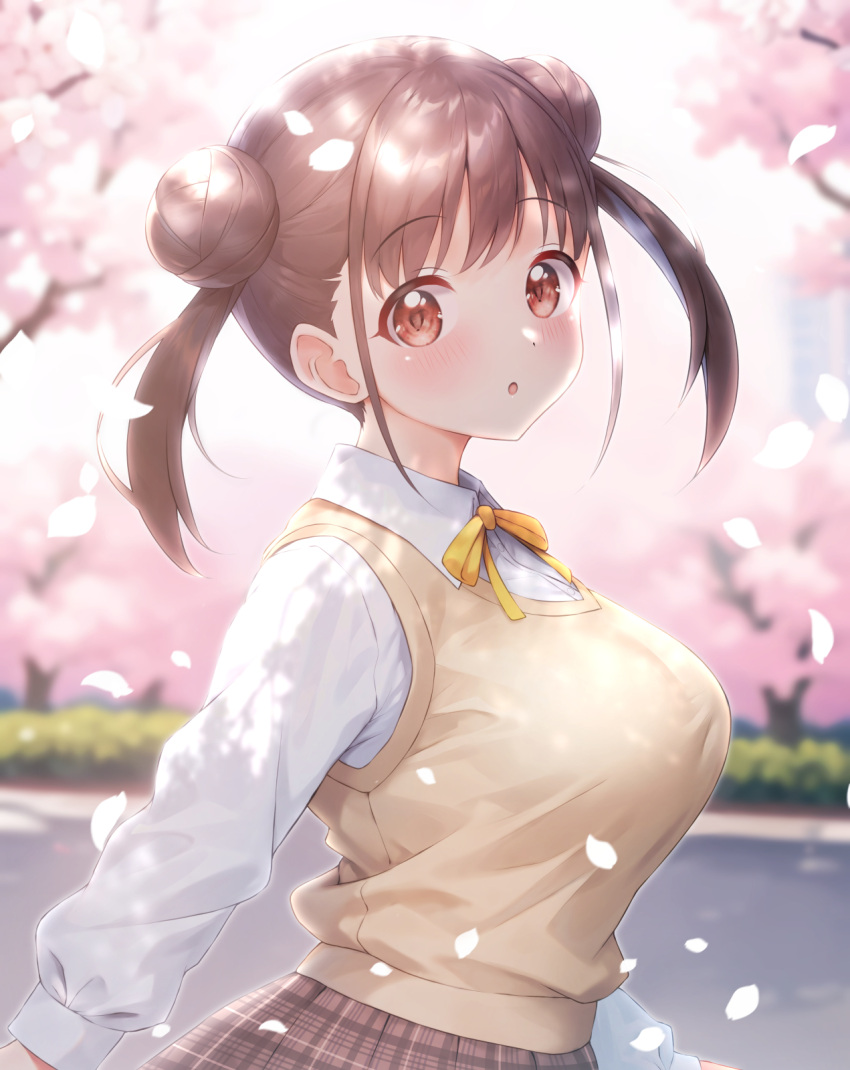 1girl :o blurry blurry_background blush breasts brown_hair brown_skirt cherry_blossoms double_bun falling_petals hair_bun highres idolmaster idolmaster_shiny_colors large_breasts looking_at_viewer neck_ribbon outdoors petals plaid plaid_skirt pleated_skirt qianlou_(qianlou12374) red_eyes ribbon school_uniform shirt skirt solo sonoda_chiyoko tented_shirt twintails vest white_shirt yellow_ribbon yellow_vest