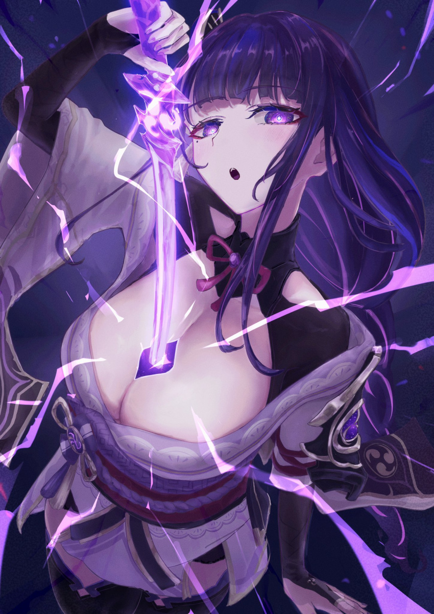 1girl arm_up black_bridal_gauntlets black_shrug blunt_bangs blush breasts bridal_gauntlets cleavage commentary electricity genshin_impact highres holding holding_sword holding_weapon human_scabbard japanese_clothes kimono large_breasts long_hair looking_at_viewer low-braided_long_hair low-tied_long_hair mitsudomoe_(shape) mole mole_under_eye musou_isshin_(genshin_impact) obi obiage obijime open_mouth purple_background purple_eyes purple_hair purple_kimono raiden_shogun sanshoku_dango_(ahxf3842) sash sheath simple_background solo sword tomoe_(symbol) unsheathing upper_body weapon wide_sleeves