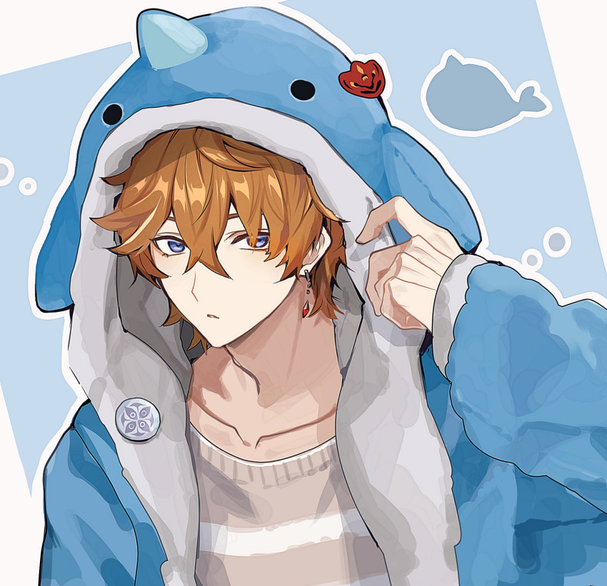 1boy animal_hood badge blue_background blue_coat blue_eyes brown_sweater bubble button_badge coat collarbone commentary_request crossed_bangs dangle_earrings earrings genshin_impact hair_between_eyes hand_up highres hood hood_down jewelry long_sleeves looking_at_viewer male_focus narwhal open_clothes open_coat orange_hair outline parted_lips plus_q short_hair simple_background single_earring solo striped_clothes striped_sweater sweater tartaglia_(genshin_impact) two-tone_background two-tone_sweater upper_body white_background white_outline white_sweater