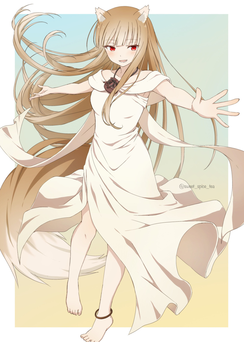 1girl :d absurdres alternate_costume animal_ear_fluff animal_ears bare_shoulders barefoot blunt_bangs blush border breasts brown_hair commentary_request dress fang feet floating_clothes floating_hair full_body gradient_background happy highres hip_vent holo jewelry long_dress long_hair looking_at_viewer necklace off-shoulder_dress off_shoulder open_hands open_mouth outstretched_arms red_eyes sidelocks simple_background small_breasts smile solo spice_and_wolf standing sweet_spice_tea tail teeth toes twitter_username white_border white_dress wolf_ears wolf_girl wolf_tail