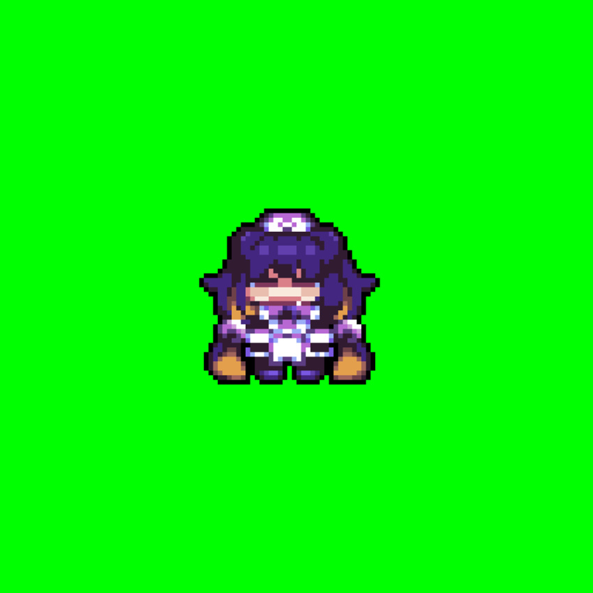 1girl animated animated_gif bombergirl brown_eyes chibi commentary_request dress full_body green_background hat highres long_hair looking_at_viewer looping_animation medium_bangs nurse_cap open_mouth pixel_art prune_(bombergirl) purple_dress purple_hair shoes simple_background solo tonchamon_san two-tone_dress very_long_hair white_dress