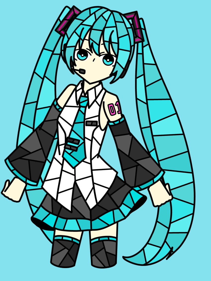 1girl aqua_background aqua_eyes aqua_hair aqua_necktie bare_shoulders black_skirt black_sleeves black_thighhighs breasts bright_pupils collared_shirt commentary cropped_legs detached_sleeves hatsune_miku headphones headset highres long_hair microphone miku_day necktie no_mouth number_tattoo shirt simple_background skirt sleeveless sleeveless_shirt small_breasts solo stained_glass standing tattoo thighhighs twintails very_long_hair vocaloid wantanno88366 white_pupils zettai_ryouiki
