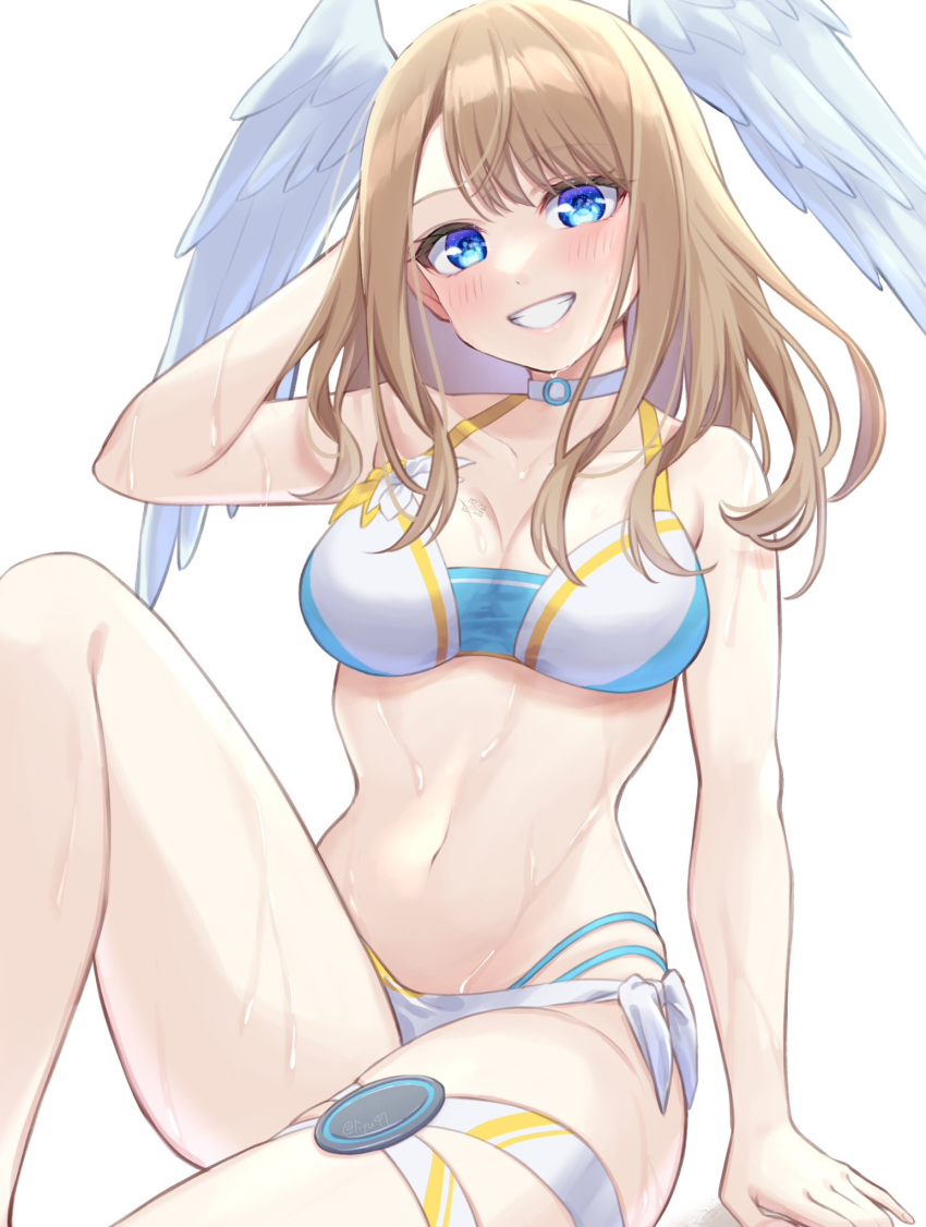 1girl bare_arms bare_shoulders bikini blue_eyes blush breasts brown_hair choker cleavage commentary eunie_(xenoblade) grin head_wings highres knee_up long_hair looking_at_viewer medium_breasts navel shinae side-tie_bikini_bottom simple_background sitting smile solo stomach swimsuit thighs white_background white_bikini white_choker wings xenoblade_chronicles_(series) xenoblade_chronicles_3